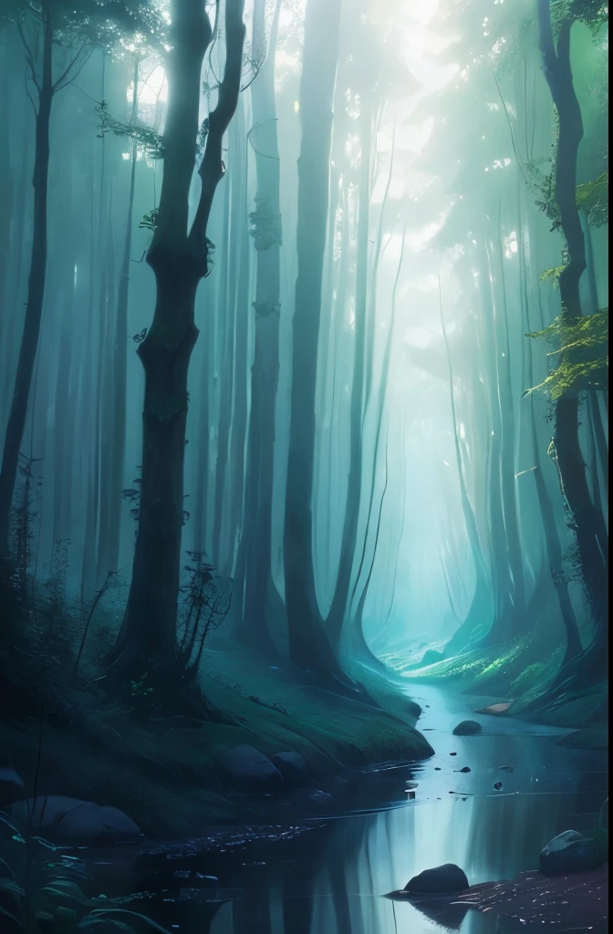 a picture taken from a distance of a forest with a stream running through it, a matte painting by Ken Danby, tumblr, fantasy art, lost in a dreamy fairy landscape, very magical and dreamy, magical forest in the background, in a magical forest, magic fairy forest, fairy forest, in the magical forest, magical forest, magical forest with fireflies