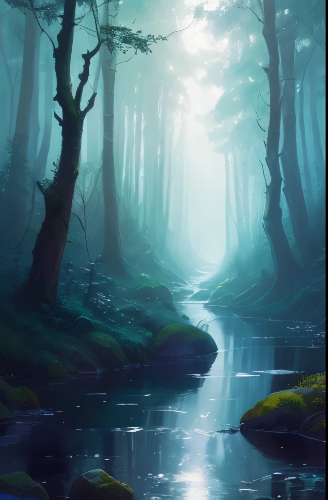 a picture taken from a distance of a forest with a stream running through it, a matte painting by Ken Danby, tumblr, fantasy art, lost in a dreamy fairy landscape, very magical and dreamy, magical forest in the background, in a magical forest, magic fairy forest, fairy forest, in the magical forest, magical forest, magical forest with fireflies