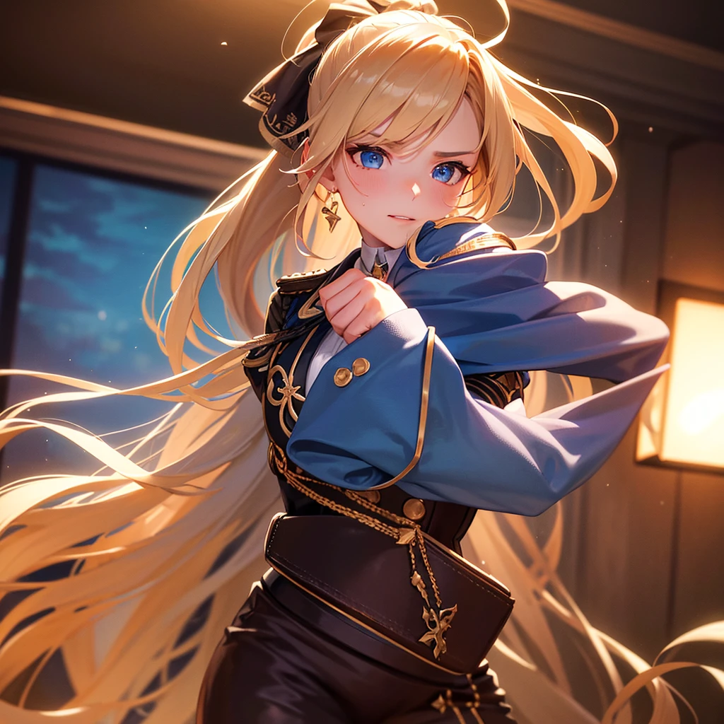 a beautiful young female swordmaster, bronze hair in a ponytail, sparkling blue eyes, wearing a full formal school uniform, detailed portrait, photorealistic, 8K, (best quality,4k,8k,highres,masterpiece:1.2),ultra-detailed,(realistic,photorealistic,photo-realistic:1.37),sharp focus,physically-based rendering,extreme detail description,professional,vivid colors,studio lighting