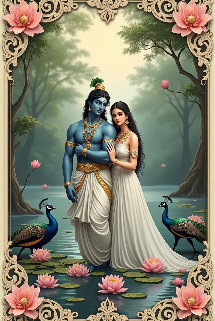 Borders with peacocks and at a corner insert radha krishna picture in white dresses with calf and peacocks around and also add lotus  and lake 