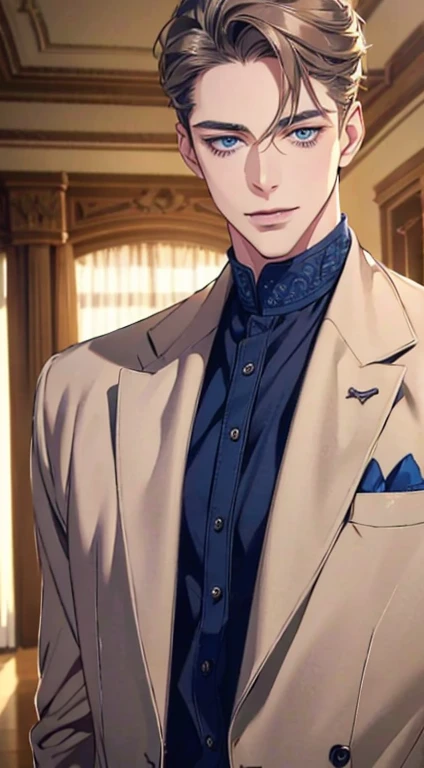 a mature man with short grey Brown hair, blue eyes, 31 years, and a perfect face, smiling in love, CEO, cinematic lighting, 1:4 HDR image, top view, ultra detailed, best quality, masterpiece, 8K, photorealistic, beautiful image