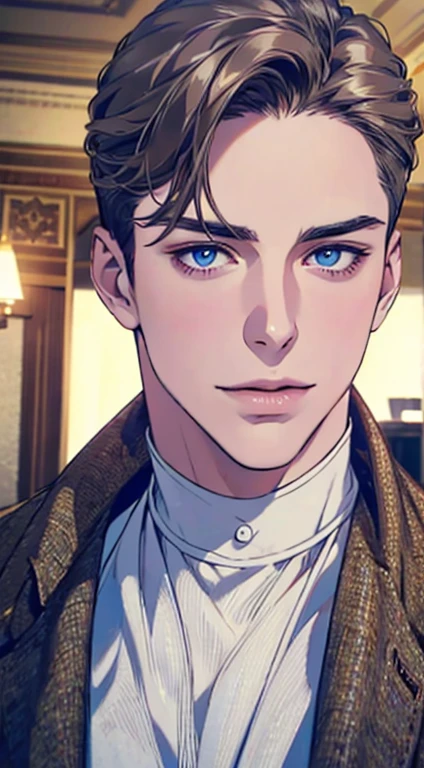 a mature man with short grey Brown hair, blue eyes, 31 years, and a perfect face, smiling in love, CEO, cinematic lighting, 1:4 HDR image, top view, ultra detailed, best quality, masterpiece, 8K, photorealistic, beautiful image