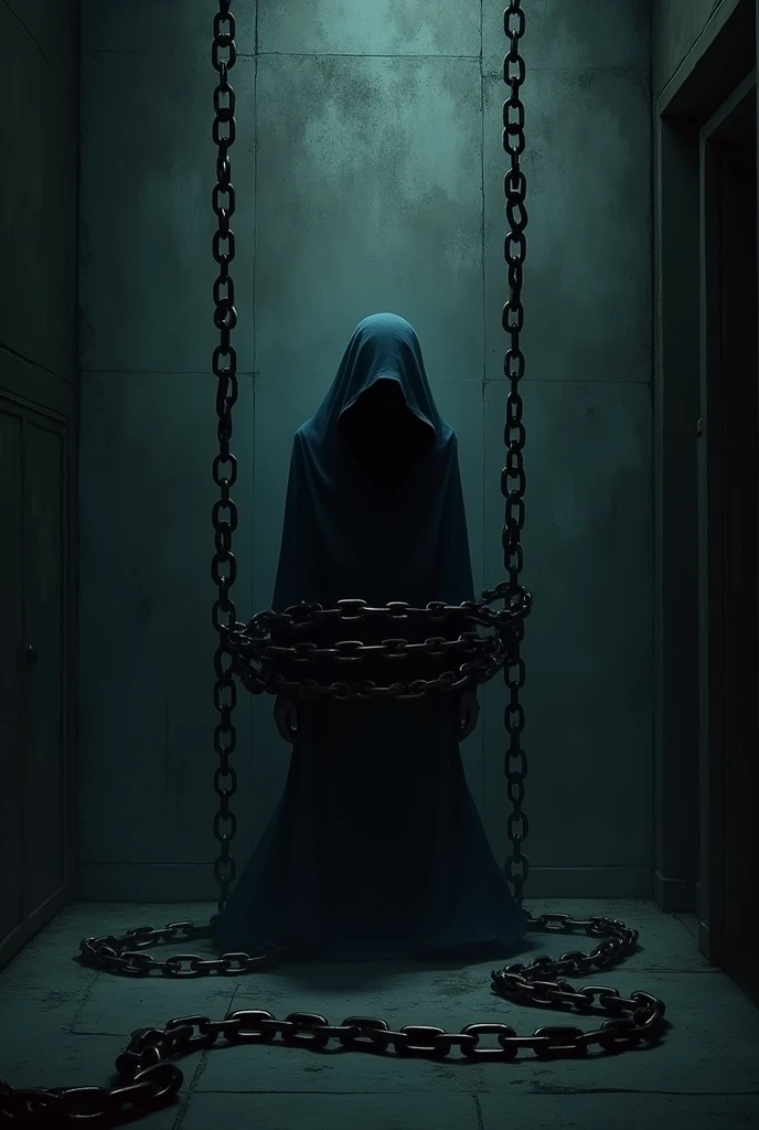 Create an image with chains around it ,enclosed in l. Loneliness of the same dark room