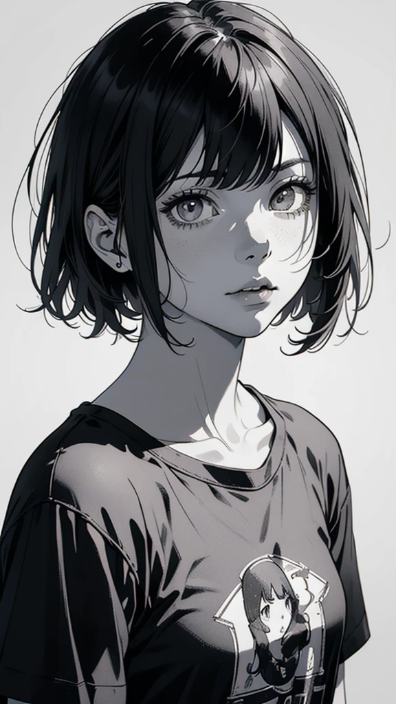 1 boyish girl, solo, sharp eyes, monochrome, greyscale, short black hair, portrait, T-shirt, closed mouth, looking at viewer, graphite \(medium\), detailed lips, hatching \(texture\), without makeup, bangs, upper body, (best illustration), (best quality), (very detailed), (masterpiece), expressionless,