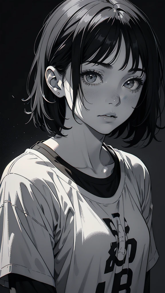 1 boyish girl, solo, sharp eyes, monochrome, greyscale, short black hair, portrait, T-shirt, closed mouth, looking at viewer, graphite \(medium\), detailed lips, hatching \(texture\), without makeup, bangs, upper body, (best illustration), (best quality), (very detailed), (masterpiece), expressionless,