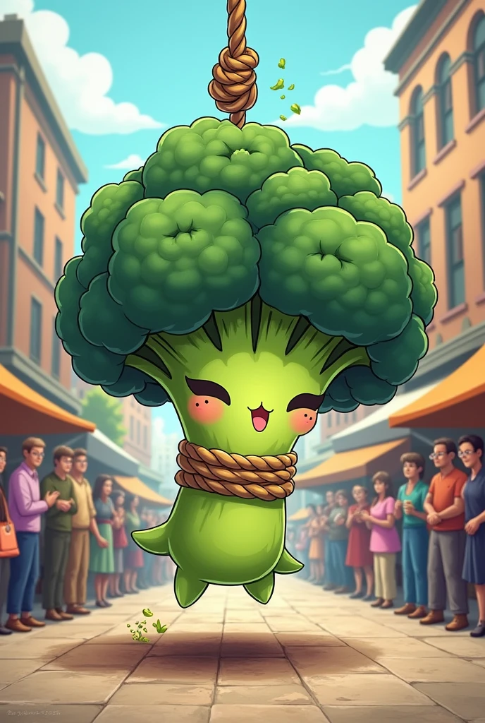 cute dead broccoli getting hanged in public rope around the neck, eyes closed