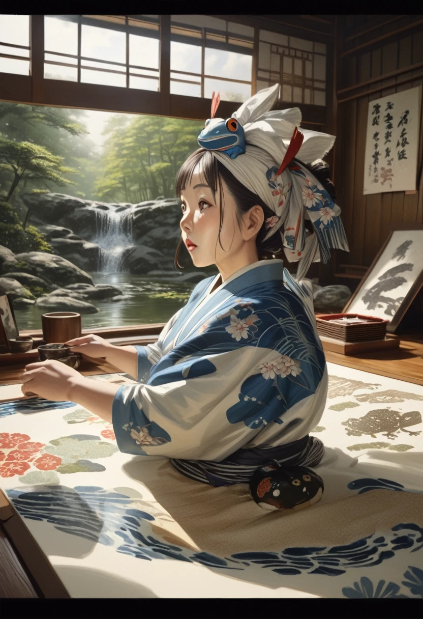 ukiyo-e style, woodblock print, cute frog, by a pond, a woman standing in edo period, on japanese washi paper, (best quality,4k,8k,highres,masterpiece:1.2),ultra-detailed,(realistic,photorealistic,photo-realistic:1.37),vibrant colors,soft lighting,natural lighting,detailed facial features,detailed clothing,detailed background,detailed textures,detailed watercolor painting,beautiful scenery