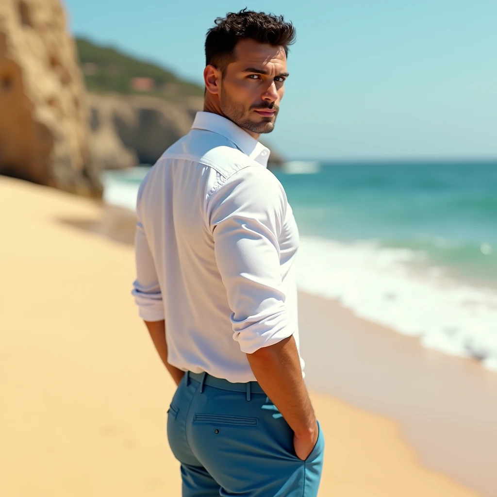 A white man, at 3, model type, with short dark hair, with blue eyes, wearing a white shirt and blue shorts, from sideways, showing her ass on a beach in Alentejo