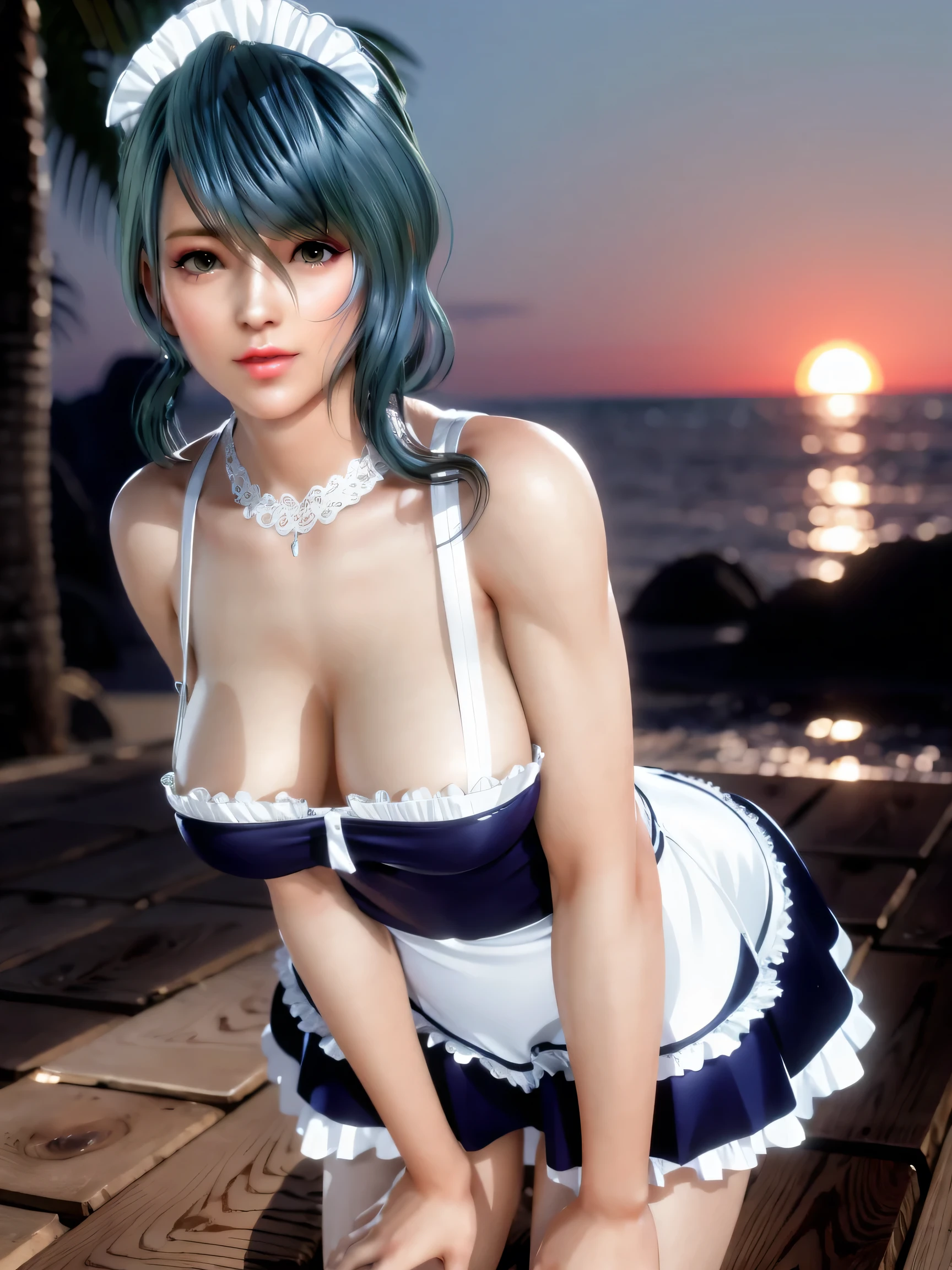 leaning forward, bending forward, maid outfit,masterpiece, best quality, HD, 8K, Ultra- high resolution, Extreme Detail, Super detailed, beautiful eyes, beautiful hair, Beautiful side, beautiful skin, curvy, tamaki, Cosmic Eyes,sunset beach,