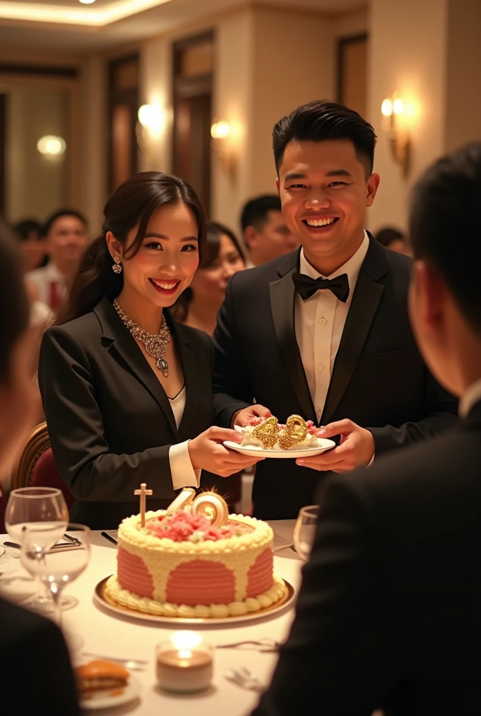 a dinner celebration attended by an Indonesian lady and a gentleman. Both wearing upscale business attires. The gentleman's hair style is very short. The lady wearing a beautiful necklace with a cross in the end, both facing the camera. all smile. There is a birthday cake with candle number 49. In the cake there is writing of "Happy Birthday Diah".The gentleman is giving a birthday gift to the lady. Surrounding by family and friends/ Behind is a banner with a writing of 07 September 2024, photo realistic, UHD.