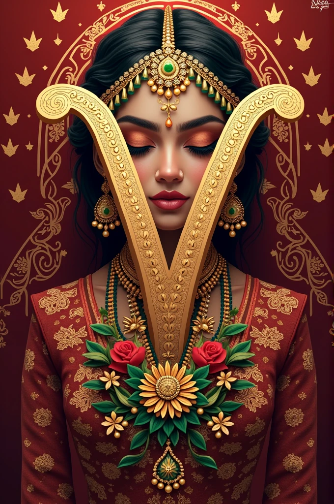 Create an artistic representation of the Telugu letter 'వ' (pronounced 'v') designed in the intricate pattern of an Indian bride. The letter should be adorned with traditional bridal elements such as jewelry, mehndi (henna) designs, and intricate embroidery. The colors should reflect a rich and vibrant bridal palette, including shades of red, gold, and green. The overall design should blend the elegance of Indian bridal attire with the graceful curves of the Telugu letter."