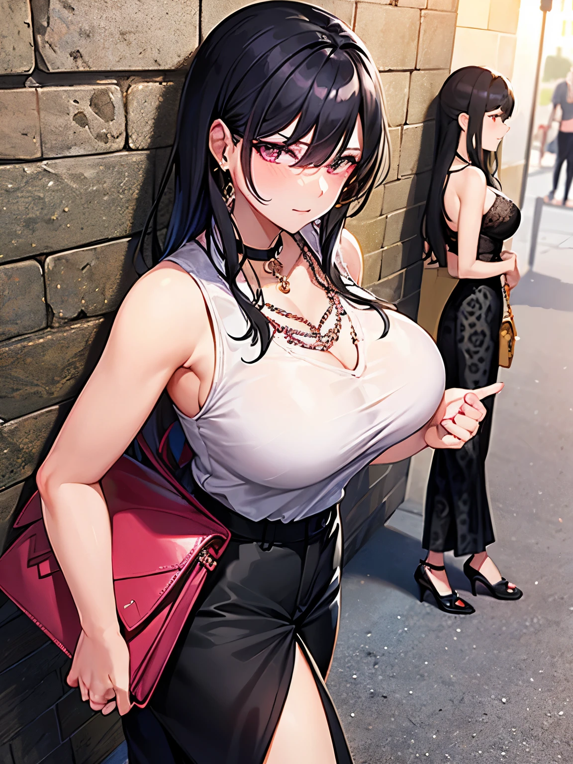 One female、Gaucho pants　leopard pattern、All-lace pattern　Sleeveless shirt　pink、Big Breasts、Beautiful feet、Embarrassed expression、Black Hair　long hair、amusement park、Meeting　Leaning against a wall、Diamond Earrings、Chain Necklaces、Red High Heels、Black Band Bag、Women&#39;s Watches　Silver