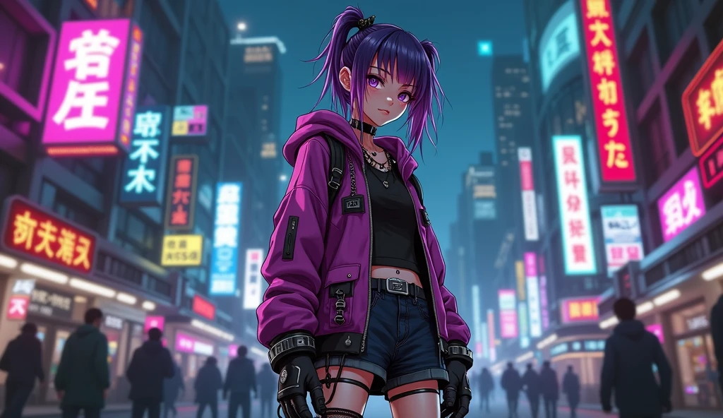 Cyberpunk ,dark neon, Anime girl ,Harajuku Street fashion