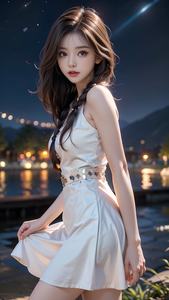 ulzzang-6500-v1.1, (RAW photo: 1.2), (Real photo), (Real photo: 1.4), 1 girl、Perfect anatomy、1、Looking at the camera、Medium length hair、side braids, white dress, in a surreal royal garden, under the starry night sky, ((starry night: 1.1))、(Business service)、Asian eyes Ella,