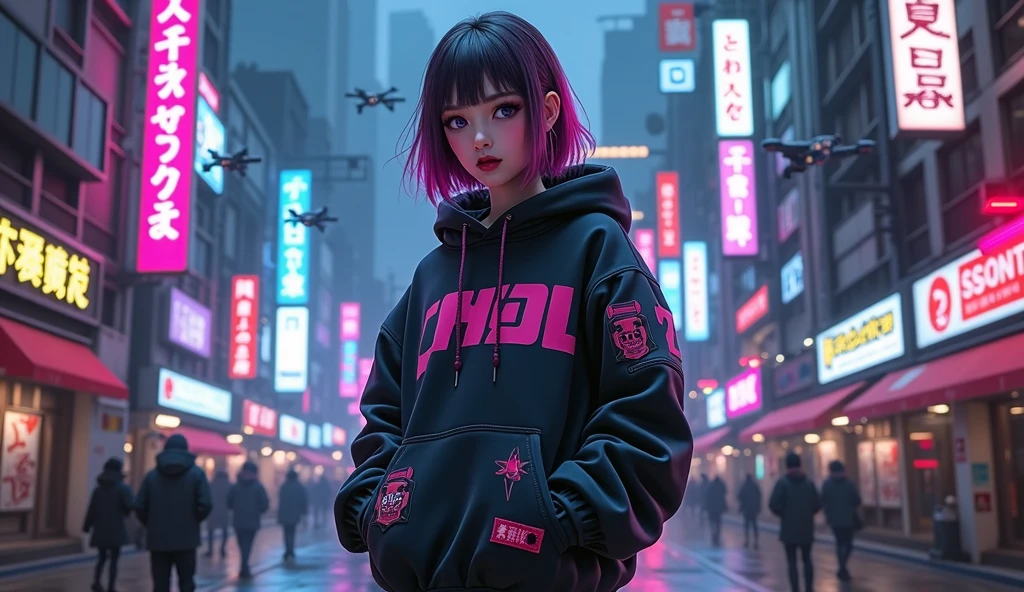 Cyberpunk ,dark neon, Anime girl ,Harajuku Street fashion