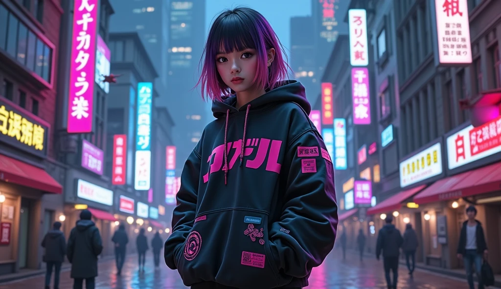 Cyberpunk ,dark neon, Anime girl ,Harajuku Street fashion