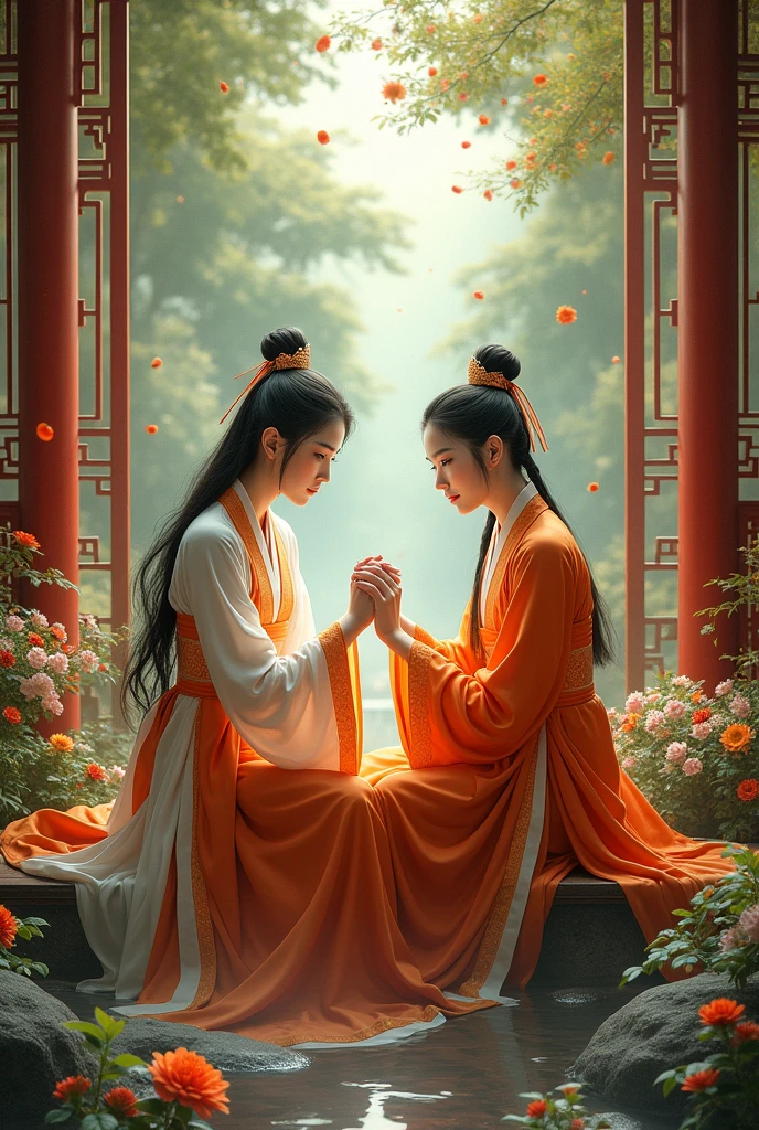 A beautiful young woman with a fierce expression in the orange and white dress of a Han Dynasty official in full regalia sits holding hands with her lover in a flower garden with a stream in a luxuriously decorated residence in the style of a great dynasty.