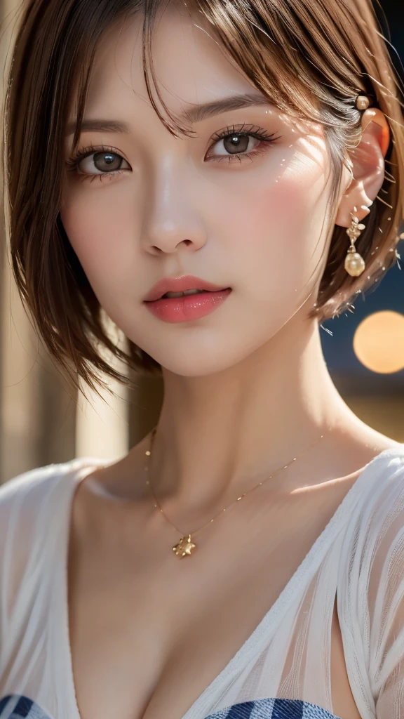 (Photorealistic, 32k, RAW photo, best quality:1.4), (masterpiece:1.3), (ultra high resolution, ultra realistic, highly detailed, golden ratio, ultra detailed), 1 beautiful woman, natural makeup, intricate cloth texture, finely detailed hair texture, beautiful full-body, perfect female form, anatomically accurate, highly detailed face and skin, (elegant hands), (realistic skin), (beautiful pale skin:1.1), (extreme close-up:2.0), (Oversized Breasts), (Wearing Blue and white check Party Dress:1.5), (Tiara, Earrings, Pendant),
BREAK,
realistic eyes, captivating detailed eyes, symmetric eyes, light brown eyes, double eyelids, thin eyebrows, (glossy lips:1.4), (kissable expression, blush:1.3),
BREAK,
((short bob cut, dark brown hair, bangs:1.2)), (Late Night, Moonlit night, Castle balcony:1.3)