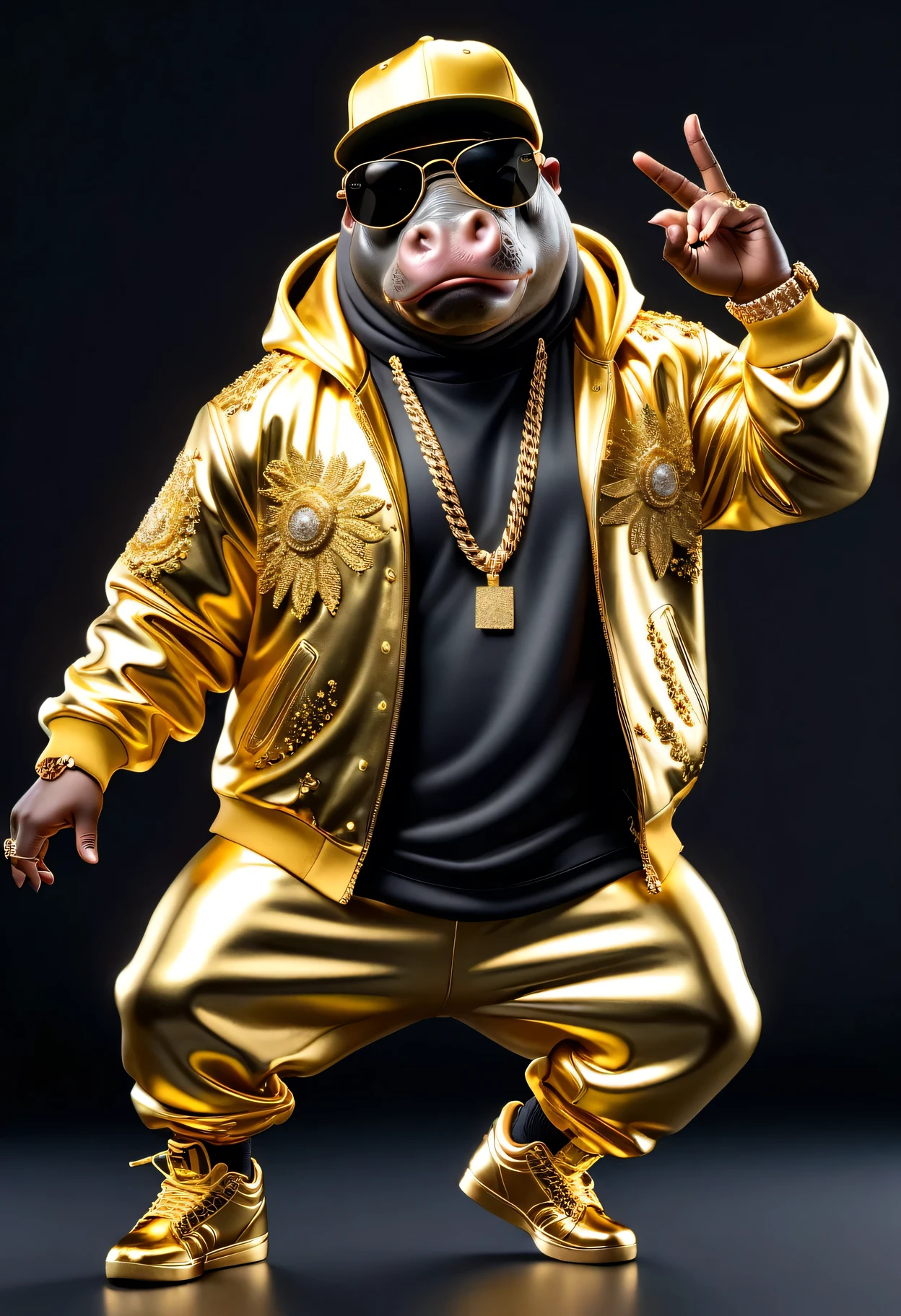 Dressed animals - a (fat) hippo hip hop dancer, ((dancing and singing)), god of hip hop, highly detailed ((hip hop fashion)) , highly detailed accessories , (wearing sunglasses and cap),dancing pose,wearing a jacket and hoodie delicately depicted with gold leaf detailing, printed onto a substantial and regal coat,Emphasize the intricate application of gold foil to capture the strength and valor of hip hop dancer. Ensure a visually stunning representation that combines the opulence of gold leaf with the historical passion of hip hop , creating a unique and impressive fashion through innovative image generation techniques,(full body image:1.8), stadio lighting