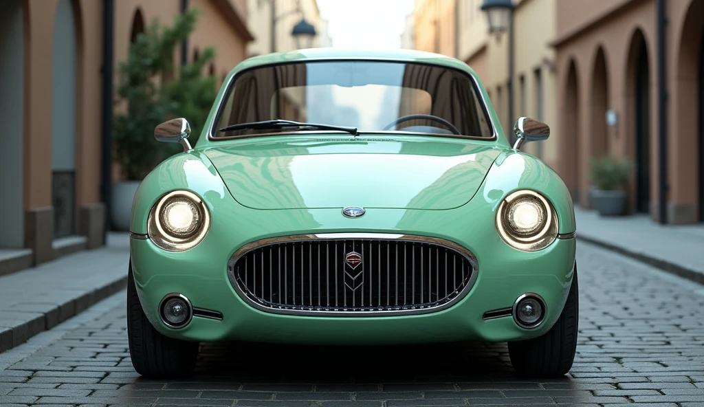Front Angle: "Create an image of the 2025 Subaru 360 from the front angle. The car should feature a rounded, retro-inspired front design with modern LED headlights integrated into the classic round shape. The grille is a blend of vintage simplicity and contemporary sophistication, with the iconic Subaru logo at the center. The car is painted in a glossy two-tone finish, with mint green and white colors. The setting should be an urban environment with cobblestone streets, enhancing the car's nostalgic appeal."front side view