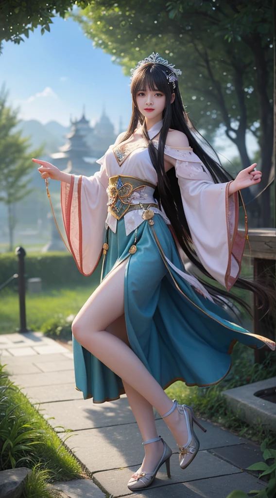 (masterpiece, Highest quality, RAW Photos, Surrealism, 8k, Very detailed, so beautiful), (, The perfect human body, Silky skin, Realistic Skin, country, , Japanese Shrine Maiden,、Bored face, Narrow waist, Thin legs, Large Breasts, Baby Face, beautiful and cute face), (Round face, Black Hair, Watery eyes, Shining Eyes, The hair is long and black, bangs, Lowered eyebrows, A slight blush), (Turn your body forward), (Staring at the audience),Natural light、whole body、full length、「The mysterious shrine maiden、Divination scene in an ancient temple。She is wearing a long white dress that shows her shoulders.、Holding a divination tool in his hand、Candles and crystals are lit all around.。The background features mystical symbols and constellations.、Creates a fantastic atmosphere。」