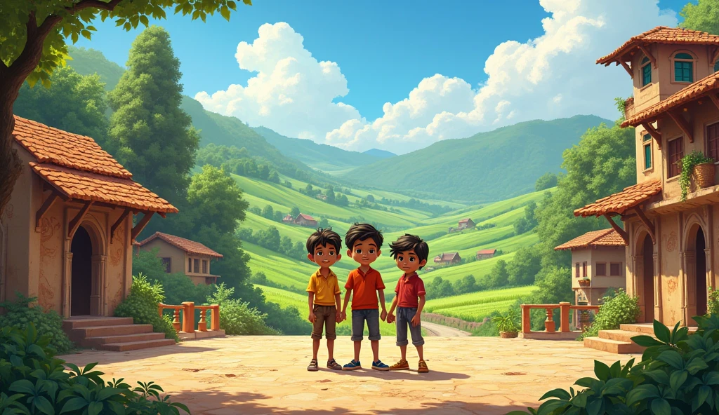 A small, ancient village in India called Teerthpuri, surrounded by lush green fields, with three young boys – Sumit (smart handsome and brave), Banti (playful and mischievous), and aftab (timid and fearful) standing together in the village square."