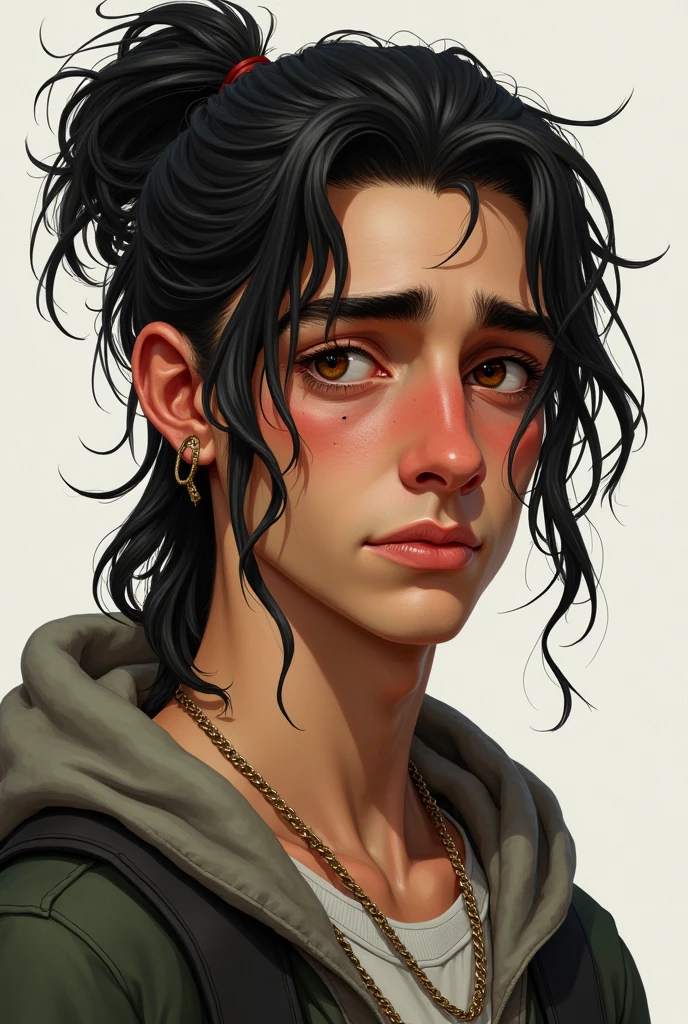 Chico, high, long hair like a ghetto tied up, dull and baggy eyes, fair skin and a small mole under the right eye