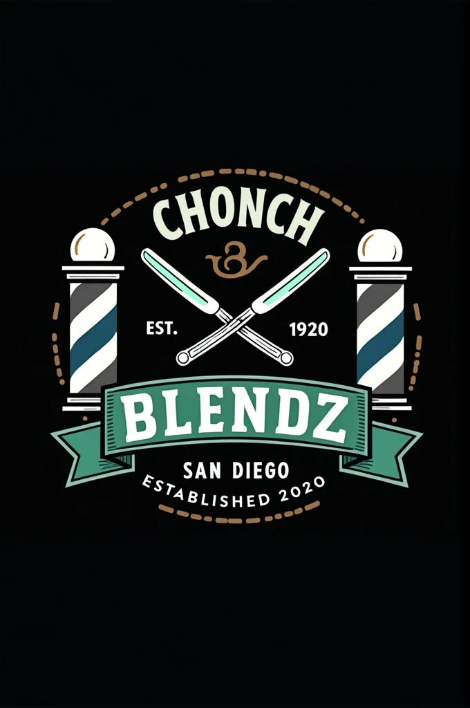 Create a flat vector, illustrative-style emblem logo design for a San Diego barber 'ChonchBlendz' established in 2020 , featuring barber poles , modern straight razors crossed in the center of the company name. Use bright green, blue, grey and white colors to convey trust, premium service and a luxury experience against a black background. English Writing established 2020