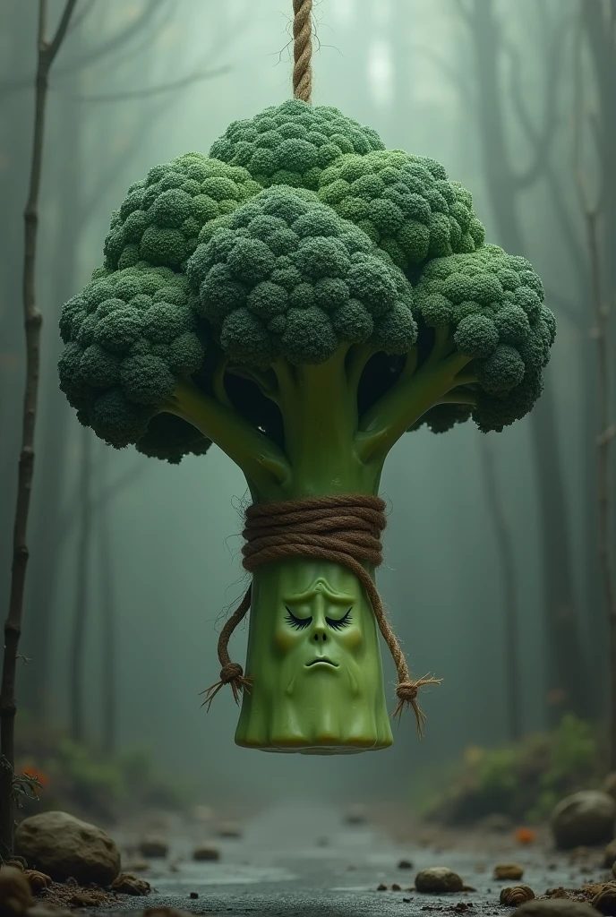 cute dead broccoli getting hanged rope around the neck, eyes closed and sad