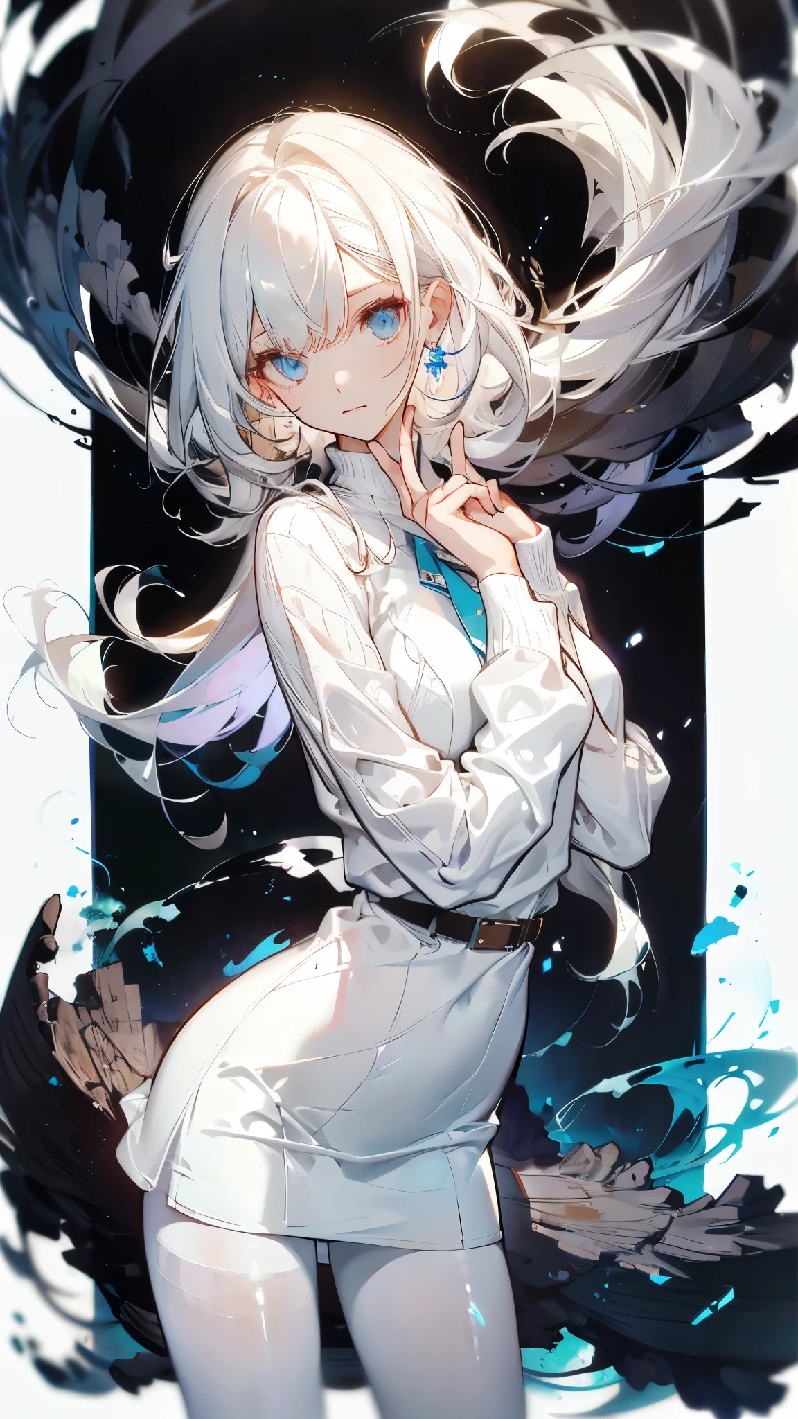 white hair, crossed bangs, very long hair, single sidelock, blue eyes, eye shadow, Aesthetically pleasing, Black Sleeveless Bodysuit, Stripes all over the clothes, Chest clings to clothing, White Off-shoulder coat, Blue hair accessories, Stunning, Exquisite, Comely, Single earring, Modern Clothing, Iris placket, best quality, high quality, 1080P