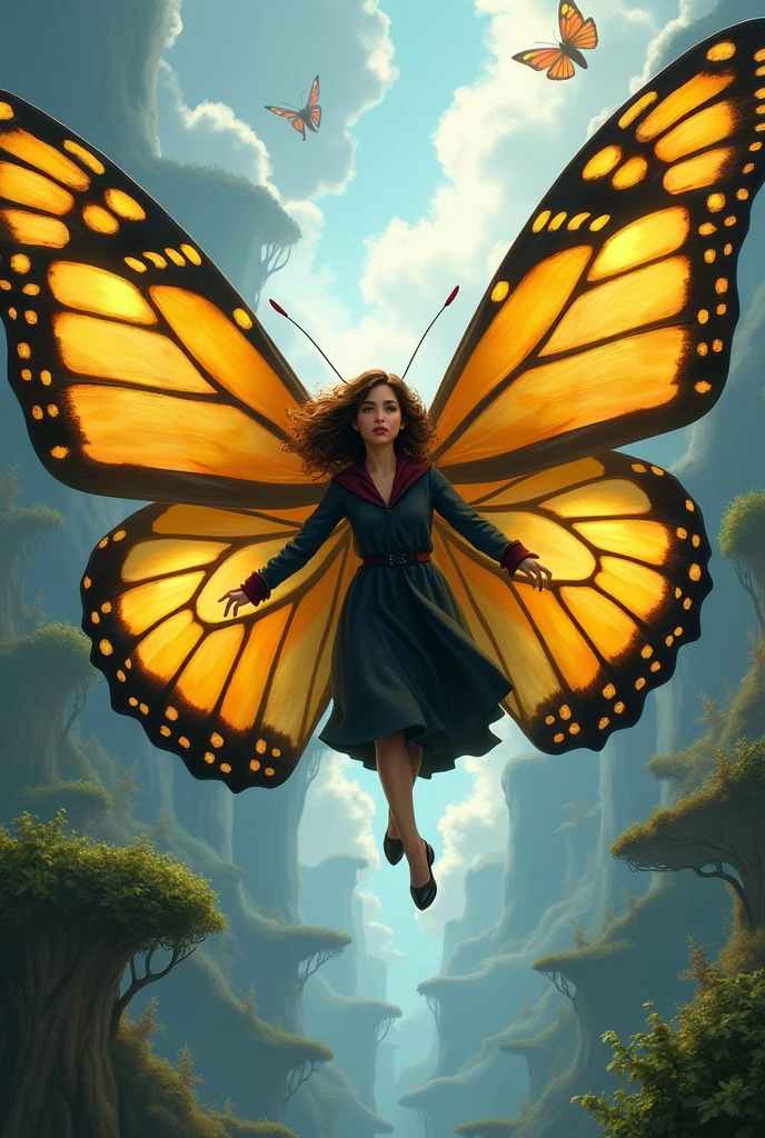 Drawing of a giant yellow and black butterfly carrying a Latina Hogwarts student with wavy brown hair