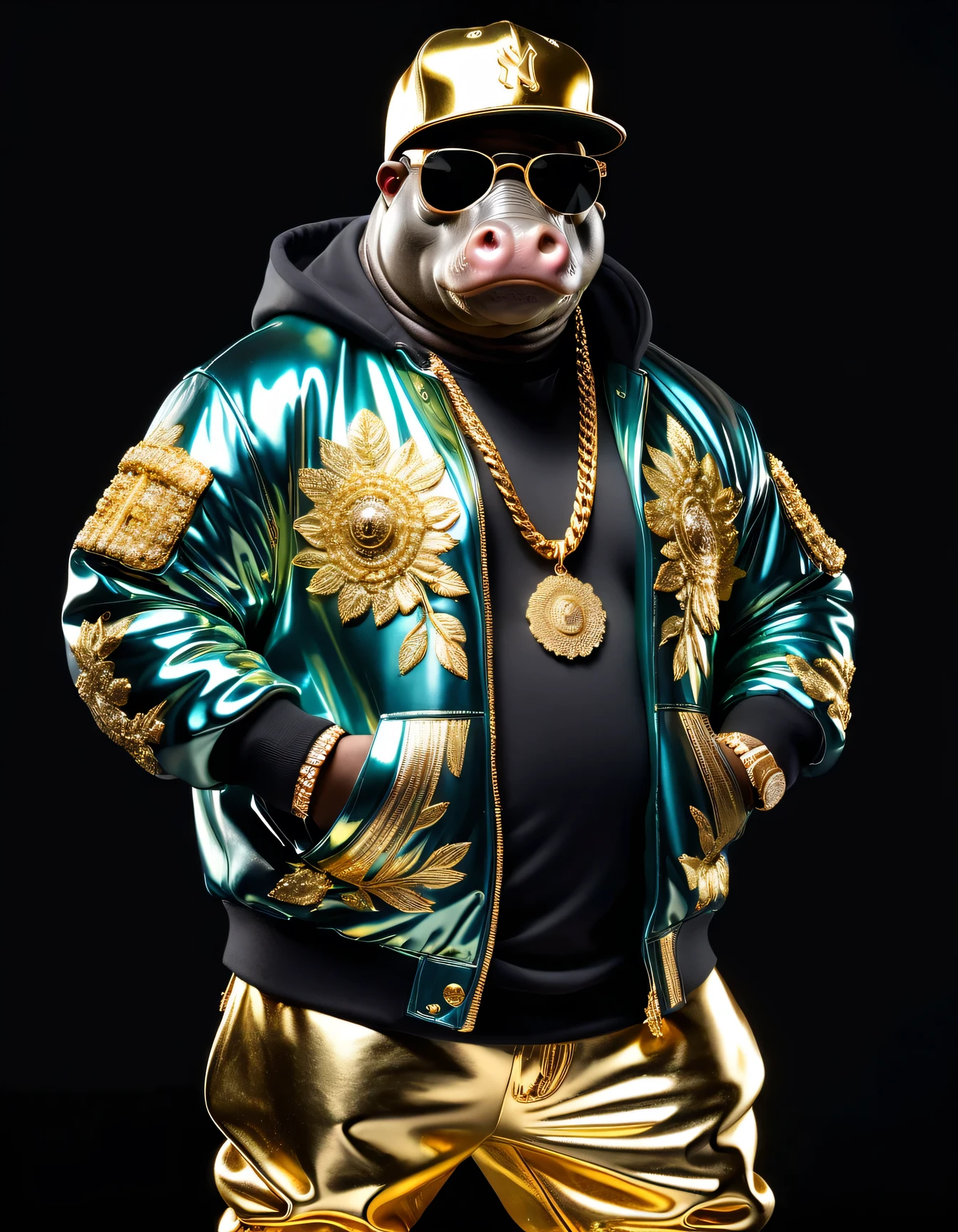 Dressed animals - a ((fat)) hippo hip hop dancer, ((hands on hips)), god of hip hop, highly detailed ((hip hop fashion)) , highly detailed accessories , (wearing sunglasses and cap),, wearing a jacket and hoodie delicately depicted with gold leaf detailing, printed onto a substantial and regal coat, Emphasize the intricate application of gold foil to capture the strength and valor of hip hop dancer. Ensure a visually stunning representation that combines the opulence of gold leaf with the historical passion of hip hop , creating a unique and impressive fashion through innovative image generation techniques,(full body image:1.8), stadio lighting