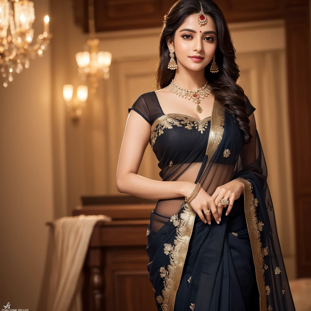 (best quality,4k,8k,highres,masterpiece:1.2),ultra-detailed,(realistic,photorealistic,photo-realistic:1.37),sexy wife in a black saree,curvy silhouette,desirable gaze,long flowing hair,alluring smile,seductive posture,tempting eyes,dark mysterious background,mysterious lighting,soft shadows,dramatic highlights,subtle and sensual colors,sheer fabric on the saree,embroidered details on the saree,exquisite jewelry,sparkling diamonds,confident and captivating presence,portrait,beauty,eroticism,femininity.