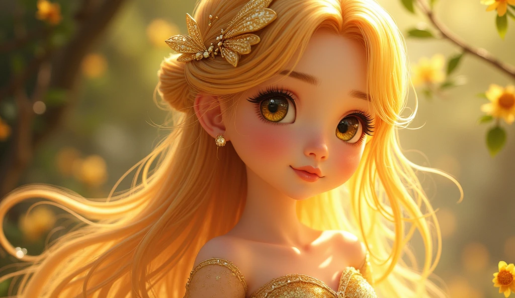 The beautiful golden firefly princess, Delicately detailed faces, Big, sparkling eyes, Long eyelashes, Slippery hair, Intricately detailed attire,Aurora in 1995 Anime Style Vintage Cotton Core 2D