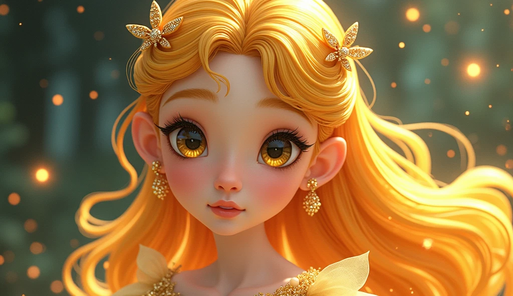 The beautiful golden firefly princess, Delicately detailed faces, Big, sparkling eyes, Long eyelashes, Slippery hair, Intricately detailed attire,Aurora in 1995 Anime Style Vintage Cotton Core 2D