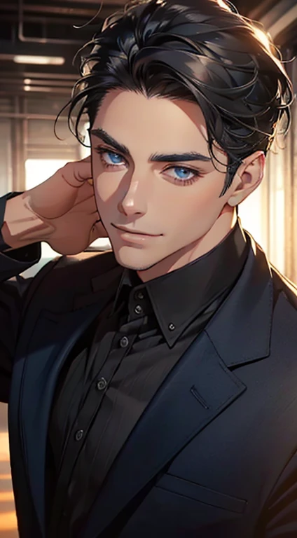 a mature man with short grey Black hair, blue eyes, 31 years, and a perfect face, smiling in love, CEO, cinematic lighting, 1:4 HDR image, top view, ultra detailed, best quality, masterpiece, 8K, photorealistic, beautiful image