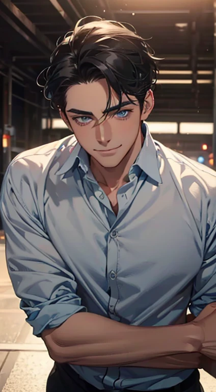 a mature man with short grey Black hair, blue eyes, 31 years, and a perfect face, smiling in love, CEO, cinematic lighting, 1:4 HDR image, top view, ultra detailed, best quality, masterpiece, 8K, photorealistic, beautiful image