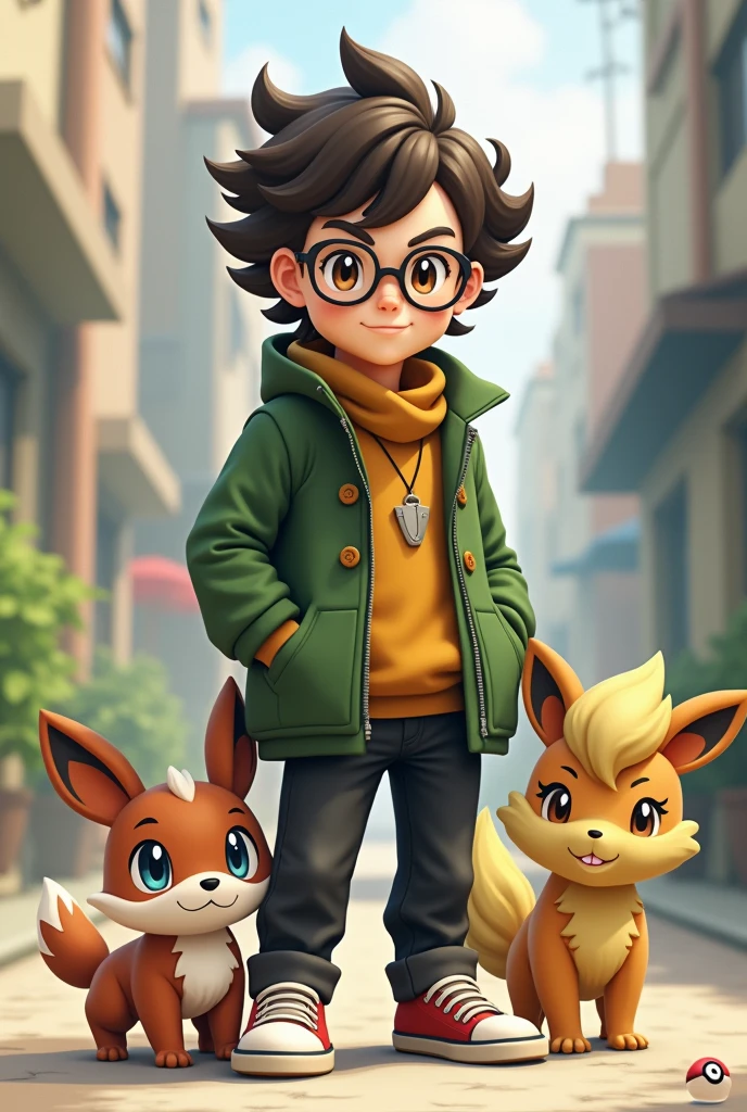 A white skinned boy, hair medium sized, with curly hair, dark brown hair, com olhos castanhos, Eyeglasses, wearing a beard. Wearing a green coat, wearing black pants and sneakers. On your side the Pokémon called Cubone and a Pokéball.
