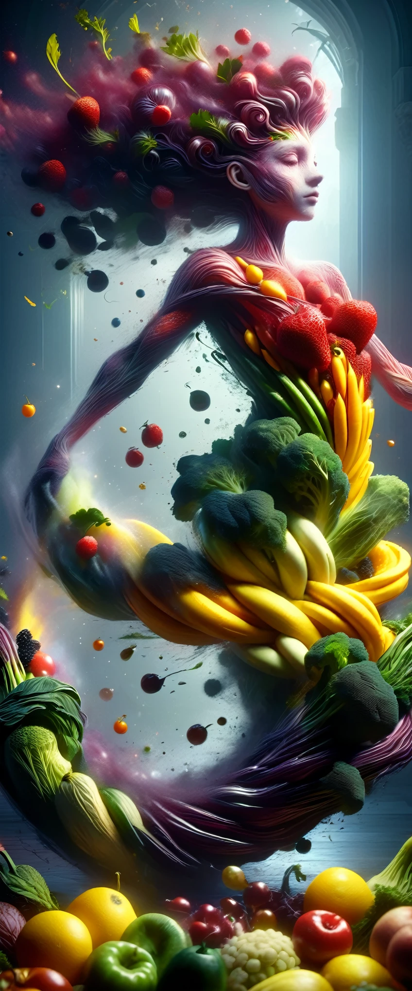 (optical illusion:1.4), a girl made of fruits and vegetables, concept art, (best quality, art leader, representative work, official art, professional, 8K), surreal, vibrant colors, hyperrealistic, cinematic lighting, intricate details, whimsical, photorealistic, striking composition, ambient occlusion, volumetric lighting, dramatic shadows, high contrast, (incredible details:1.2), (masterpiece:1.1)