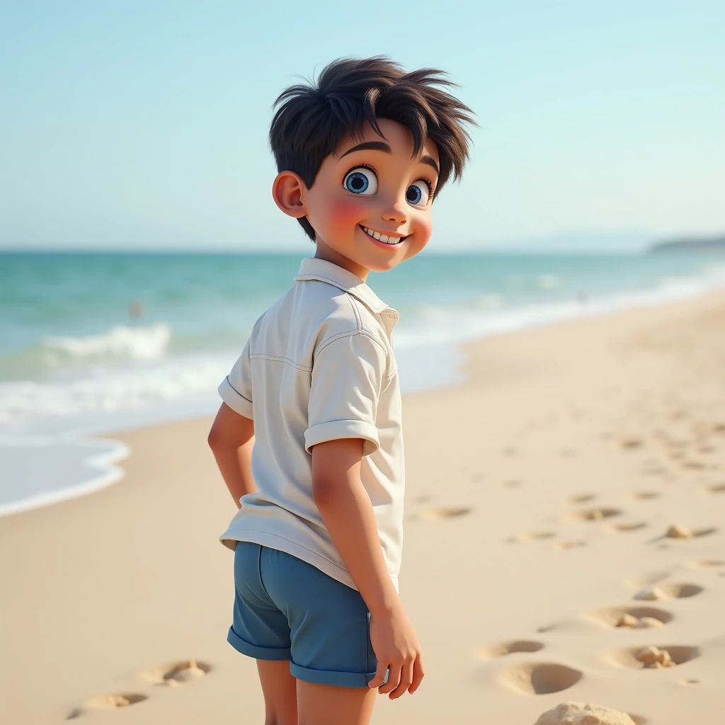 A white man, at 3, model type, with short dark hair, with blue eyes, wearing a white shirt and blue shorts, from sideways, smiling and showing her ass on a beach in Alentejo