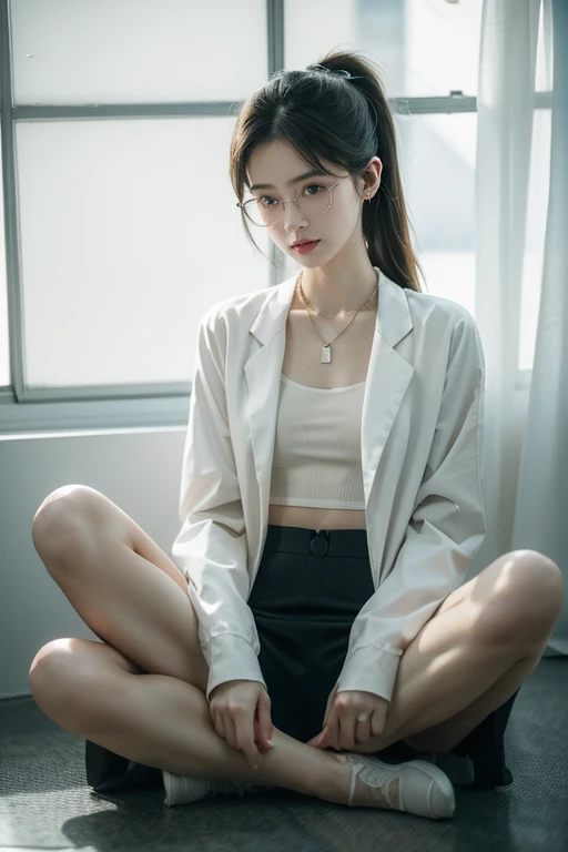 (((best quality))),(((Extremely detailed))),(((masterpiece))),illustration,((1 个beauty的女孩,Solitary)),((Slim,Thin)),((Small Breasts,flat chest)),Future Lab, ((Fashion glasses,Delicate eyes)), intelligence,(White lab coat:1.3),(Short Ponytail:1.2), Flawless skin,(lol:1.2),(earrings,crystal necklace),(stocking:1.3), Cyberpunk atmosphere, High-tech equipment, Dim Lights, High altitude lights, beakers, Flask, test tube, Screen, Console, terminal, Wonderland of Science, Desolate environment, Time warp, Stay still, Highly concentrated, profound scientific mystery, The secrets of the universe, beauty, bitterness, The essence of, mystery, Attractive appeal, Fascinating, enchanting,((From the front,Upper Body,sit on the floor,Put your hands behind your back,Spread your legs))