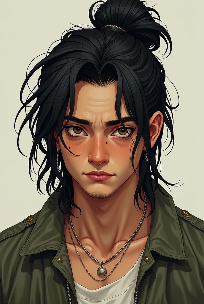 Chico, high, long hair like a ghetto tied up, dull and baggy eyes, fair skin and a small mole under the right eye