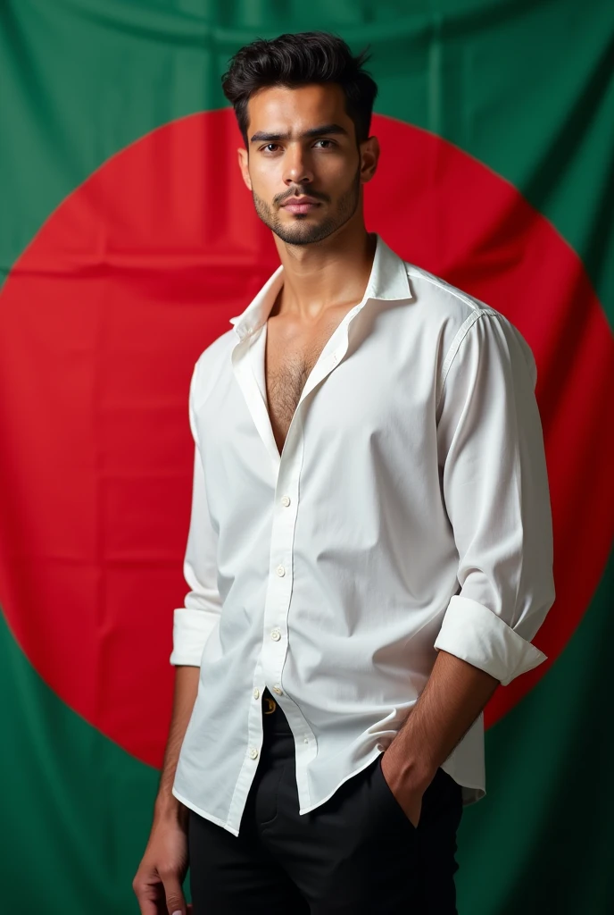 A Bangladesh flag full background and a handsome slim guy wearing white lose frees shirt with black trouser standing after that background from close