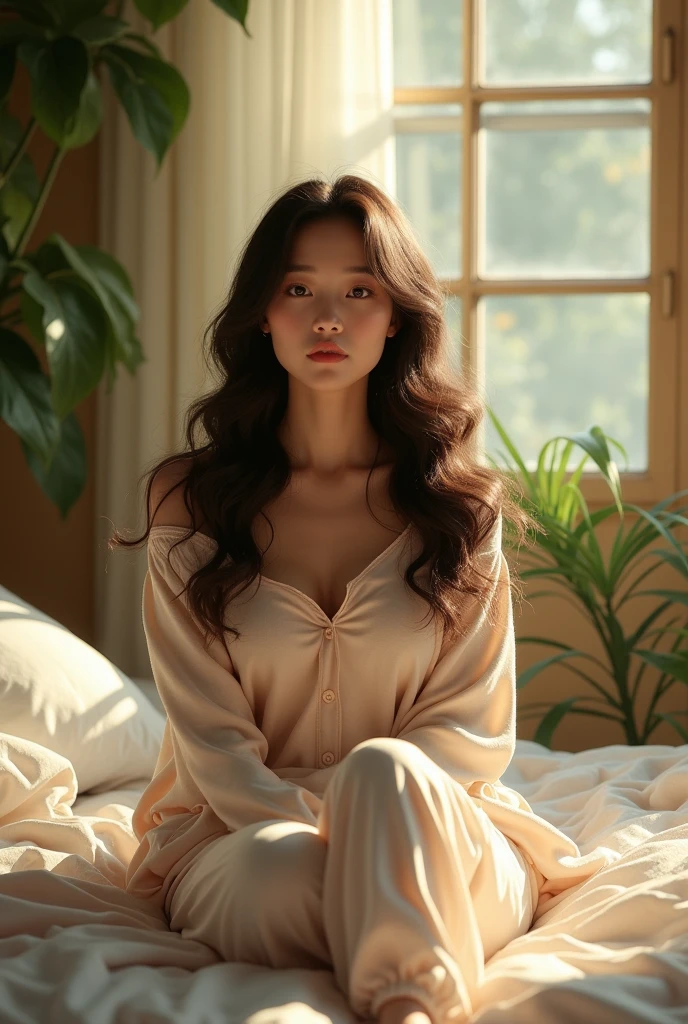 (photorealism:1.2), beautiful asian woman, sitting on bed, wearing loose off-shoulder top, pajama pants, long curly hair, indoors, soft lighting, plants in background, window with sunlight, cozy room, relaxed pose, realistic, intricate details, warm colors, by Greg Rutkowski, by Alphonse Mucha
