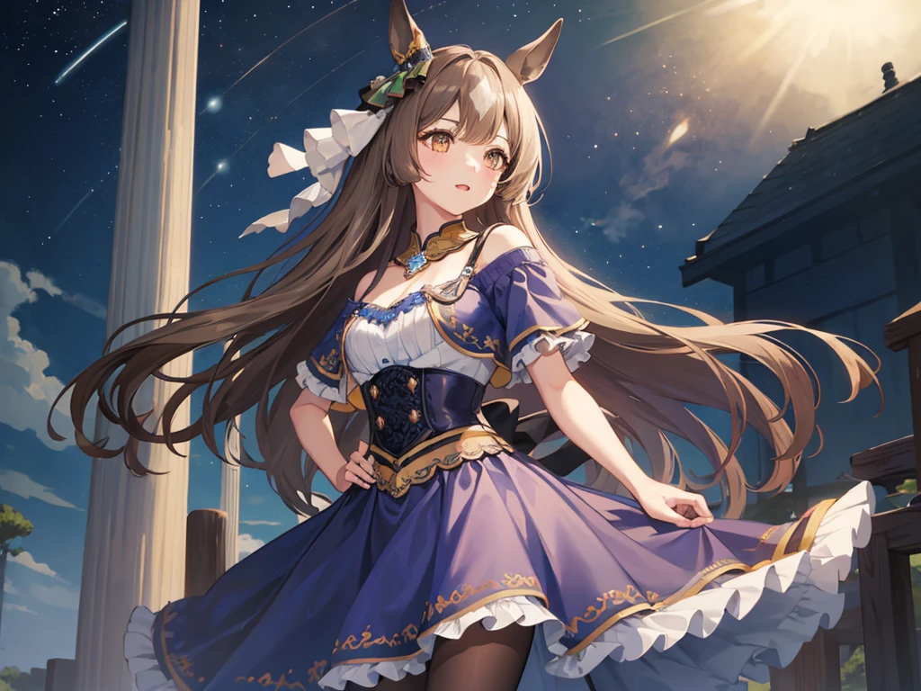 masterpiece、Highest Resolution、Highest quality、Highest quality、Chest is center right、solo、soloキービジュアル。Horse ears girl。Blue knit dress、Blue shoulderless dress。Light blue short knit pants、Brown pantyhose。Large light blue cloak。Moonlit night starry sky background、Strong winds。Red lipstick、smile、Cleavage。Look to the right、Brush your hair up with your hands、Touch your head with your hand、Hands on hips。Brown Eyes。Long Hair、Half Twin、Half Up。hair ornaments。