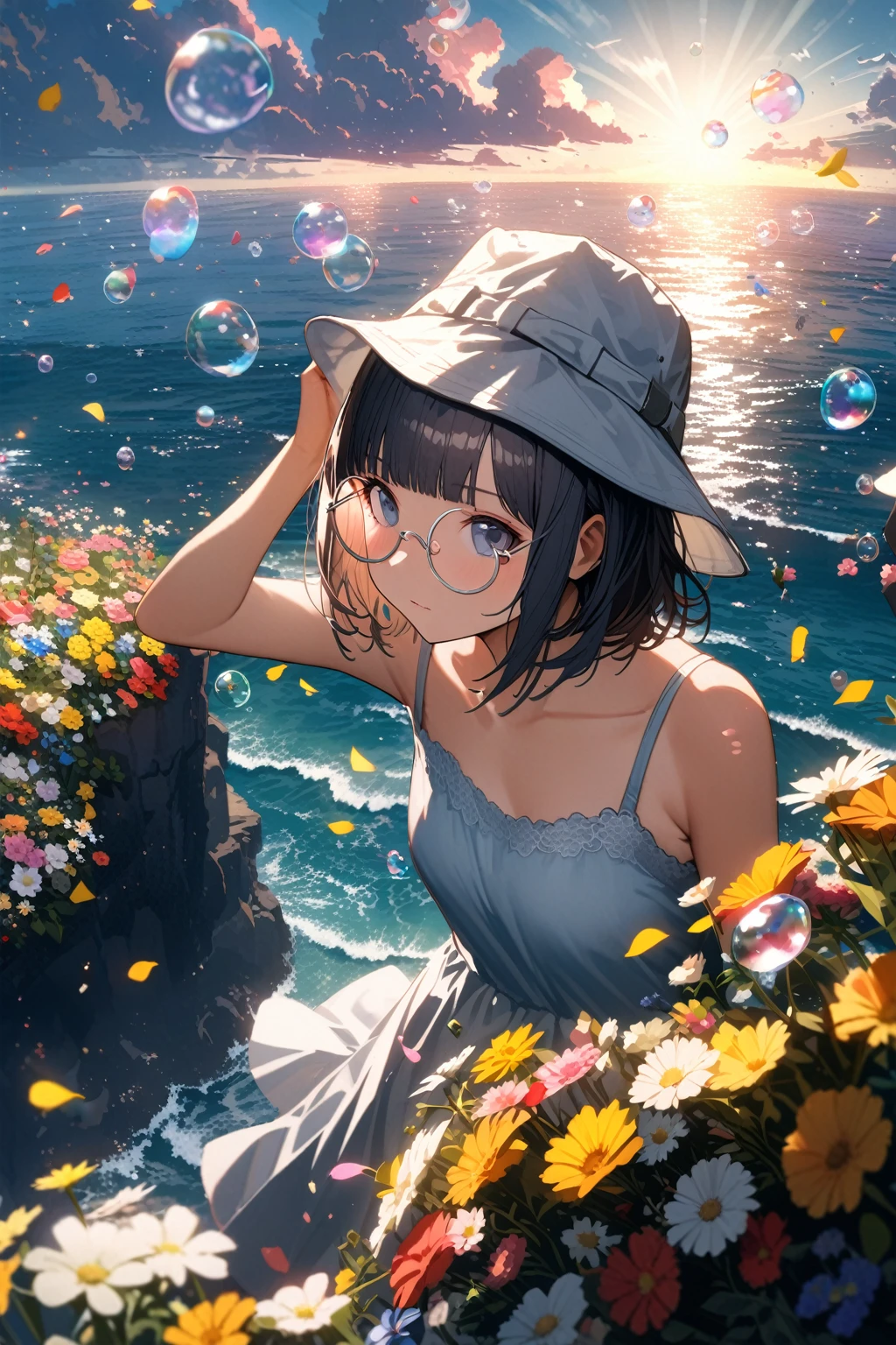 (extremely detailed fine touch:1.3), girl, solo, alone, 2.5d, (((silver semi-rimless round eyewear:1.3))), short hair, smooth hair, blunt bangs, look up sun, hand on own head, bucket hat, camisole, on the cliff, flower garden, sea, cumulonimbus, flying fish, soap bubble, petals dance in the wind