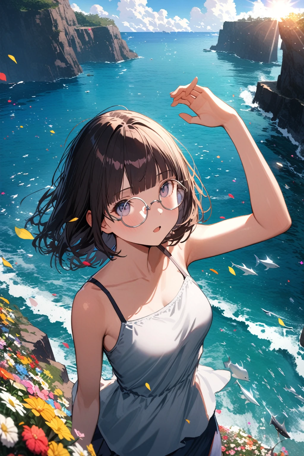 (extremely detailed fine touch:1.3), girl, solo, alone, 2.5d, (((silver semi-rimless round eyewear:1.3))), short hair, smooth hair, blunt bangs, look up sun, hand on own head, bucket hat, camisole, on the cliff, flower garden, sea, cumulonimbus, flying fish, soap bubble, petals dance in the wind