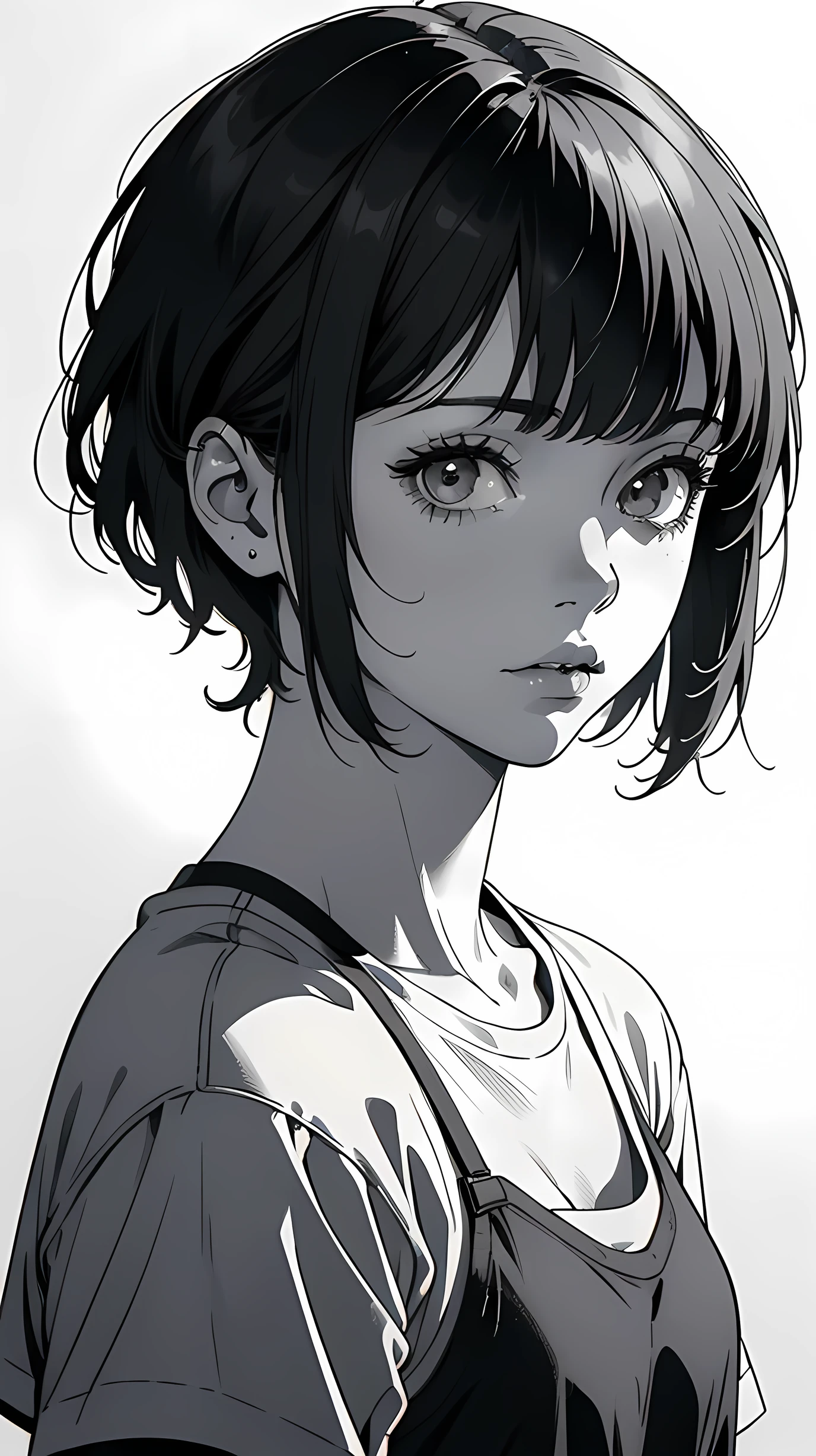1 boyish girl, solo, sharp eyes, monochrome, greyscale, short black hair, portrait, T-shirt, closed mouth, looking at viewer, sketch, graphite \(medium\), detailed lips, hatching \(texture\), without makeup, bangs, upper body, (best illustration), (best quality), (very detailed), (masterpiece), expressionless,