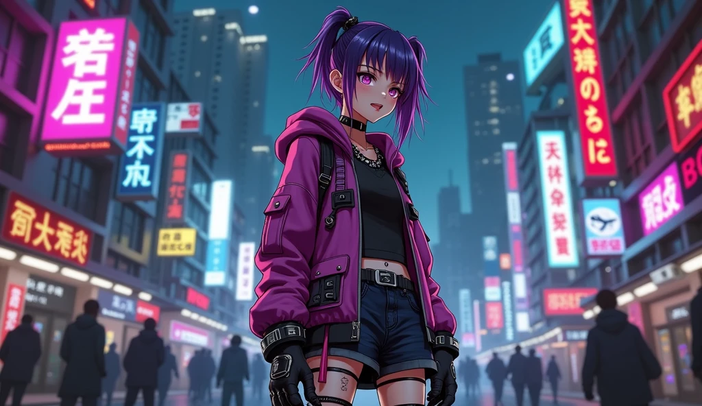 Cyberpunk ,dark neon, Anime girl ,Harajuku Street fashion
