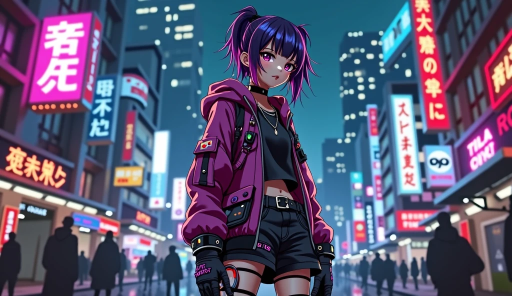 Cyberpunk ,dark neon, Anime girl ,Harajuku Street fashion